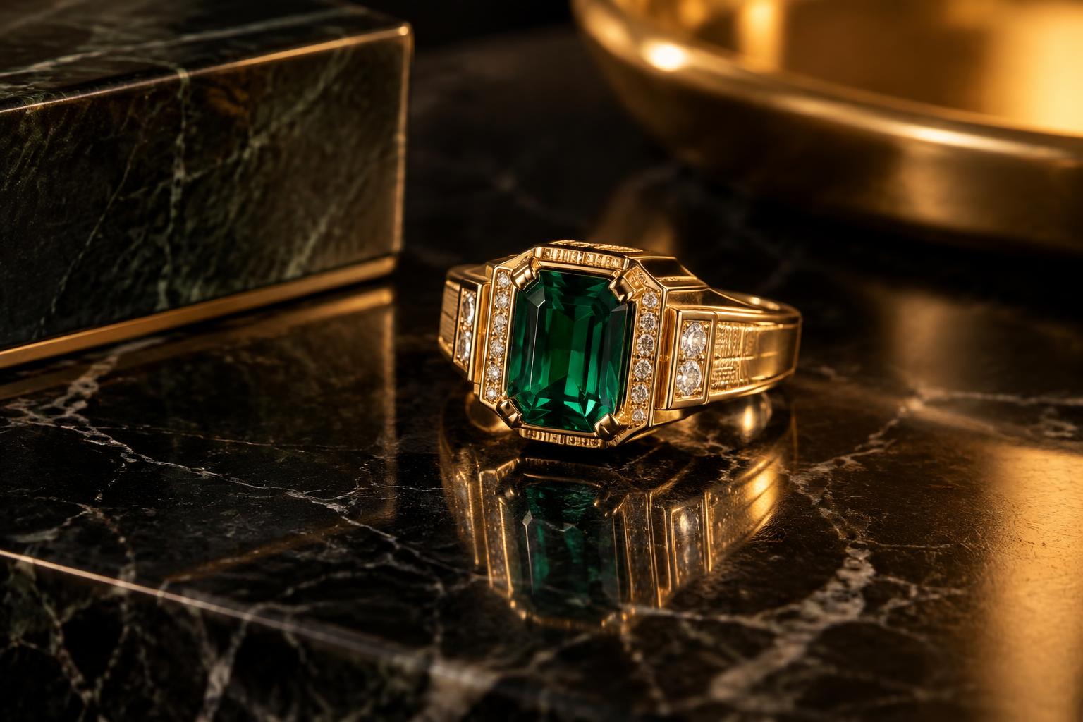 Anel de formatura em ouro com pedra verde